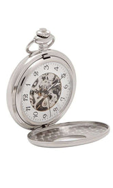 A silver-colored mechanical pocket watch with a half hunter design, featuring a classic opening mechanism.