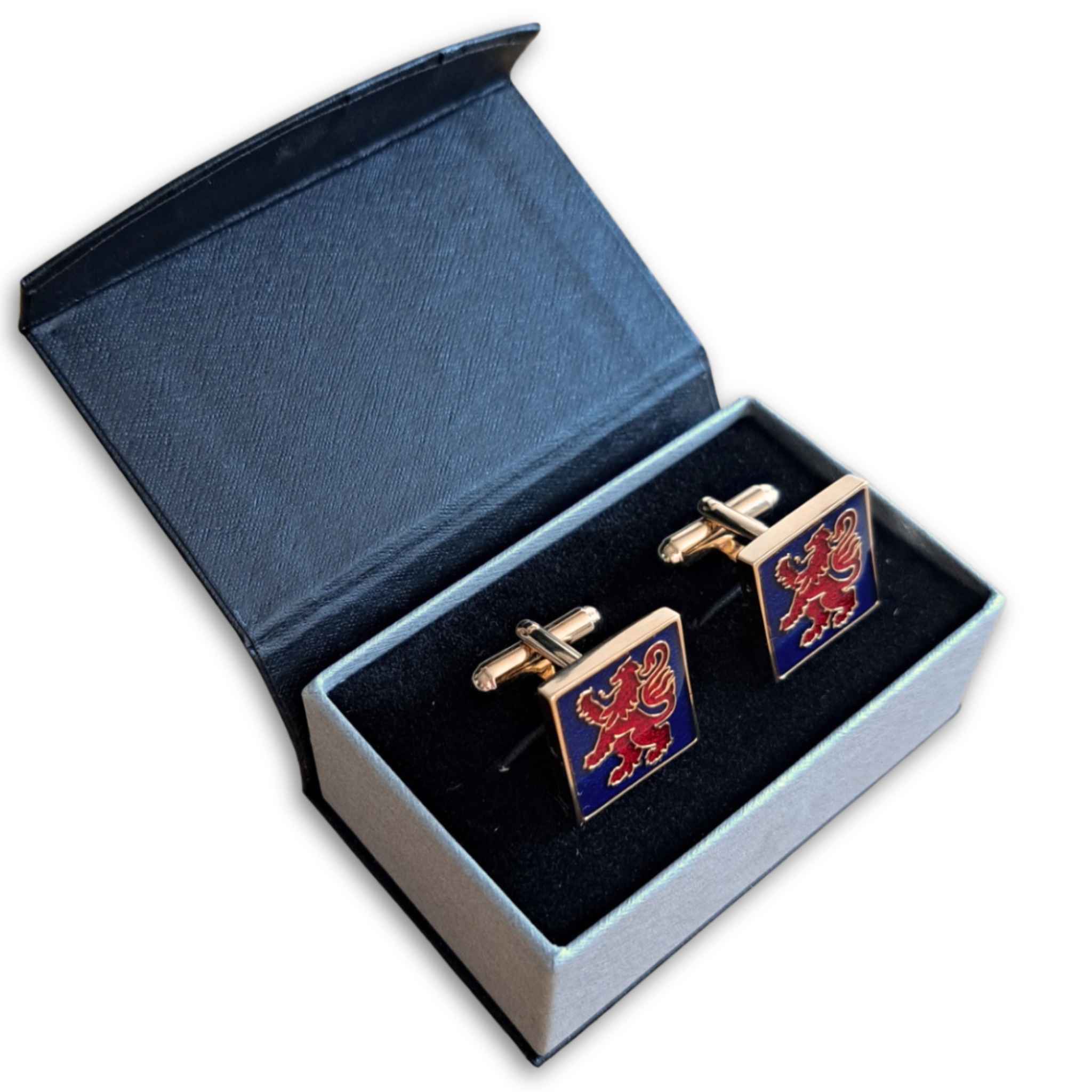 Lion Rampant Red and Blue Cufflinks in box