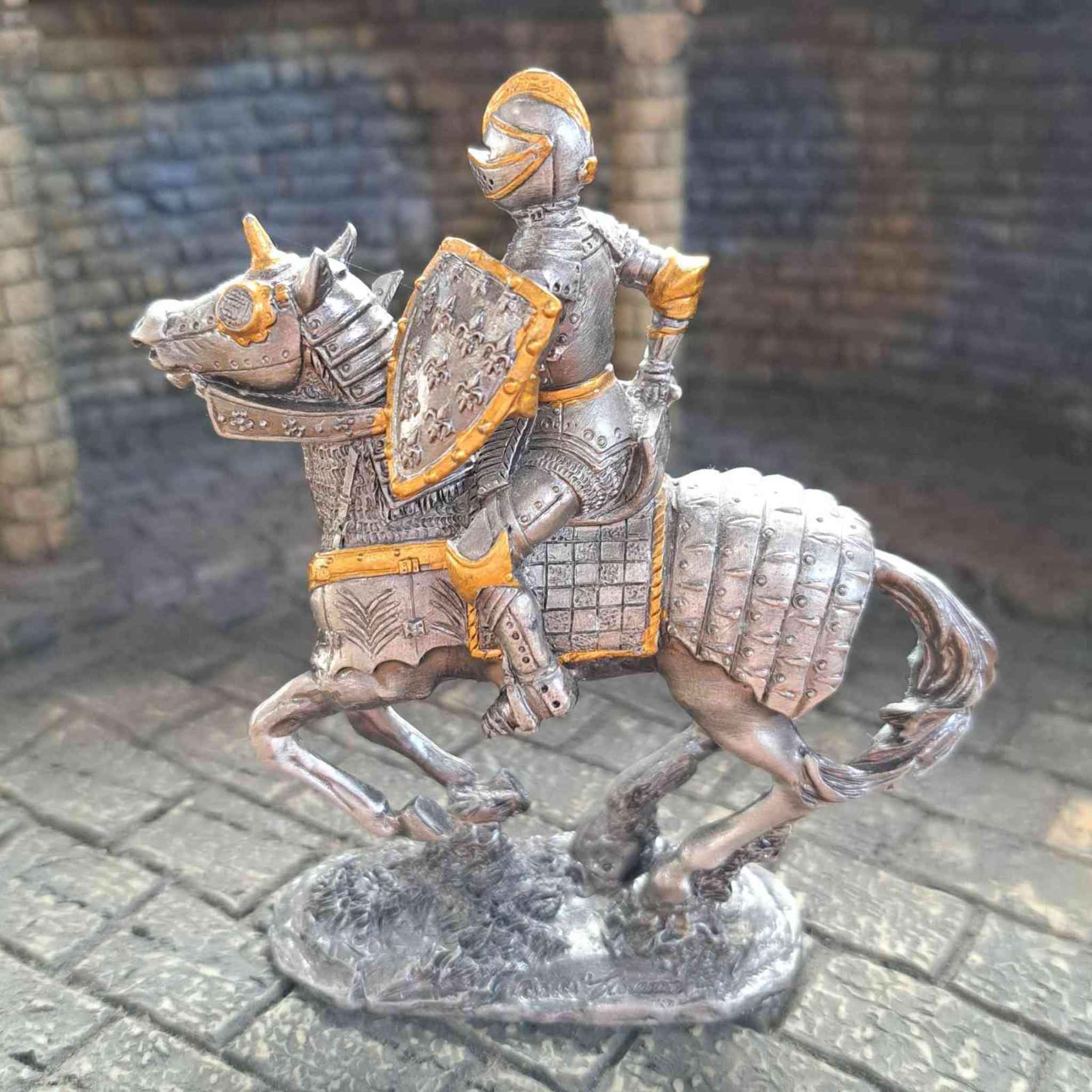 16th century mounted knight statue close up