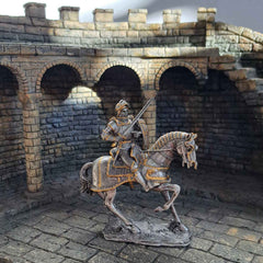 Knight with armoured horse metal statue with medieval background