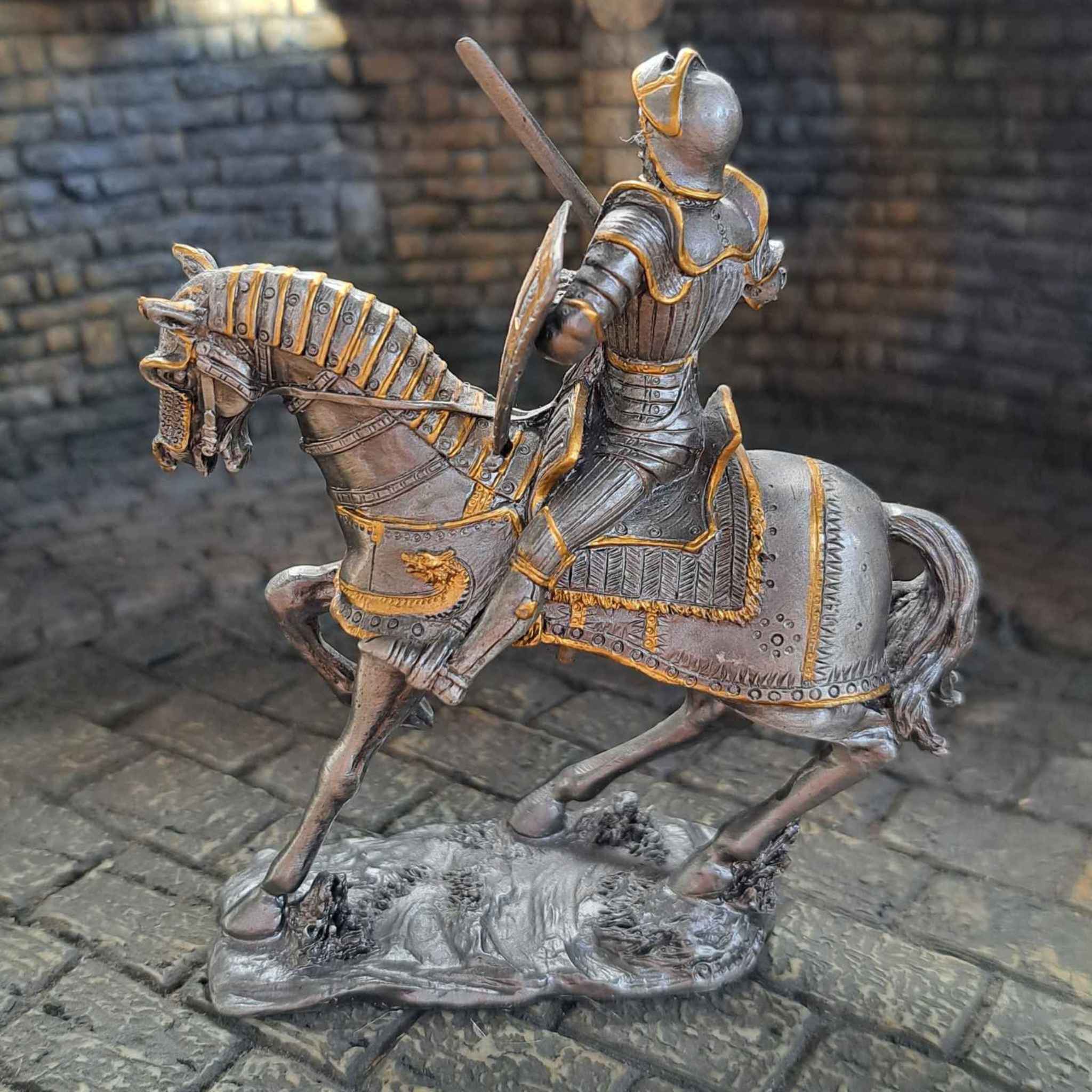 Metal knight on armoured horse side view