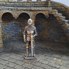 bascinet metal knight statue with themed background