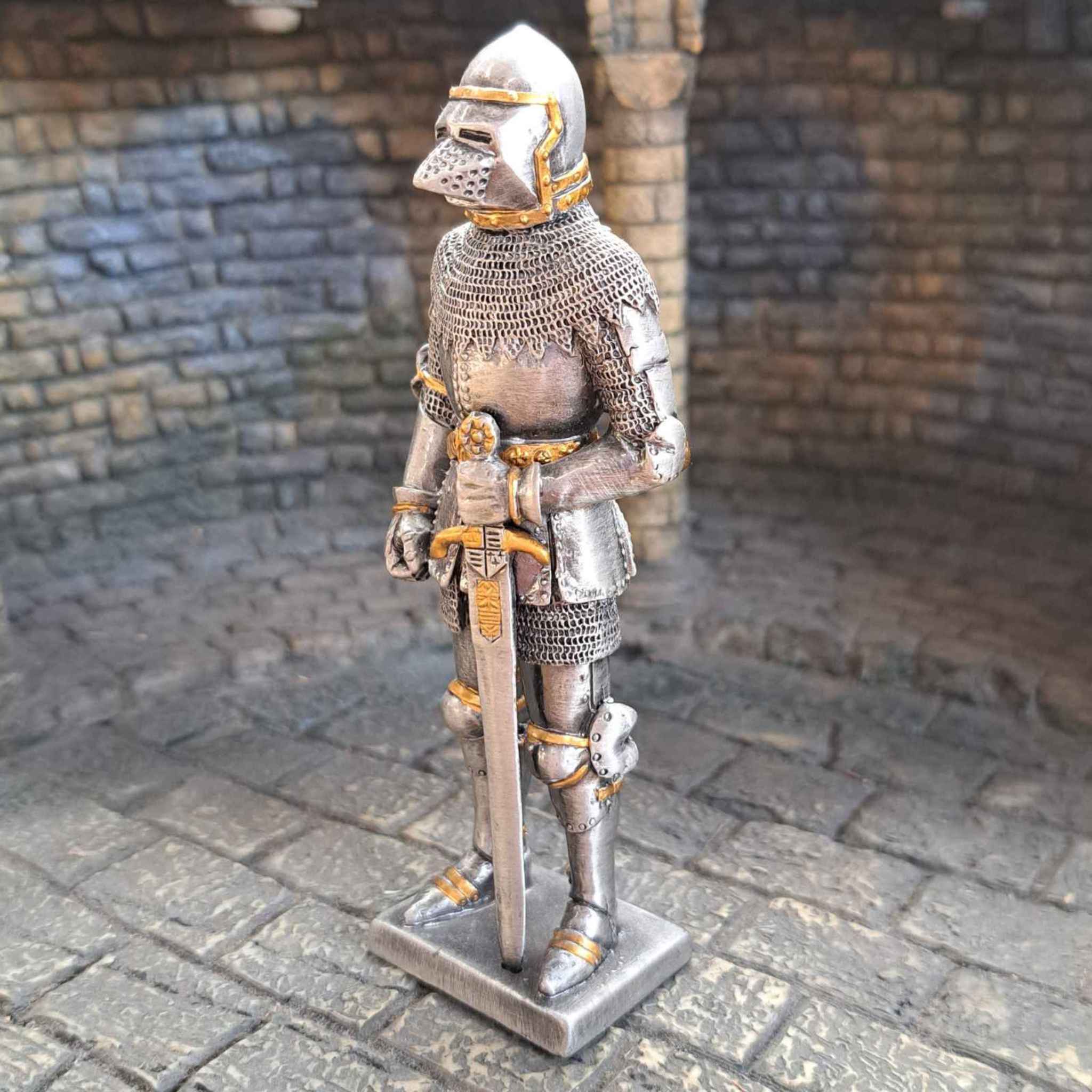 Bascinet knight metal statue side view