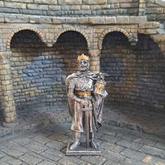King Arthur metal knight statue with themed background