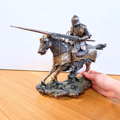 Large Resin Mounted Tournament Knight with hand pictured for scale