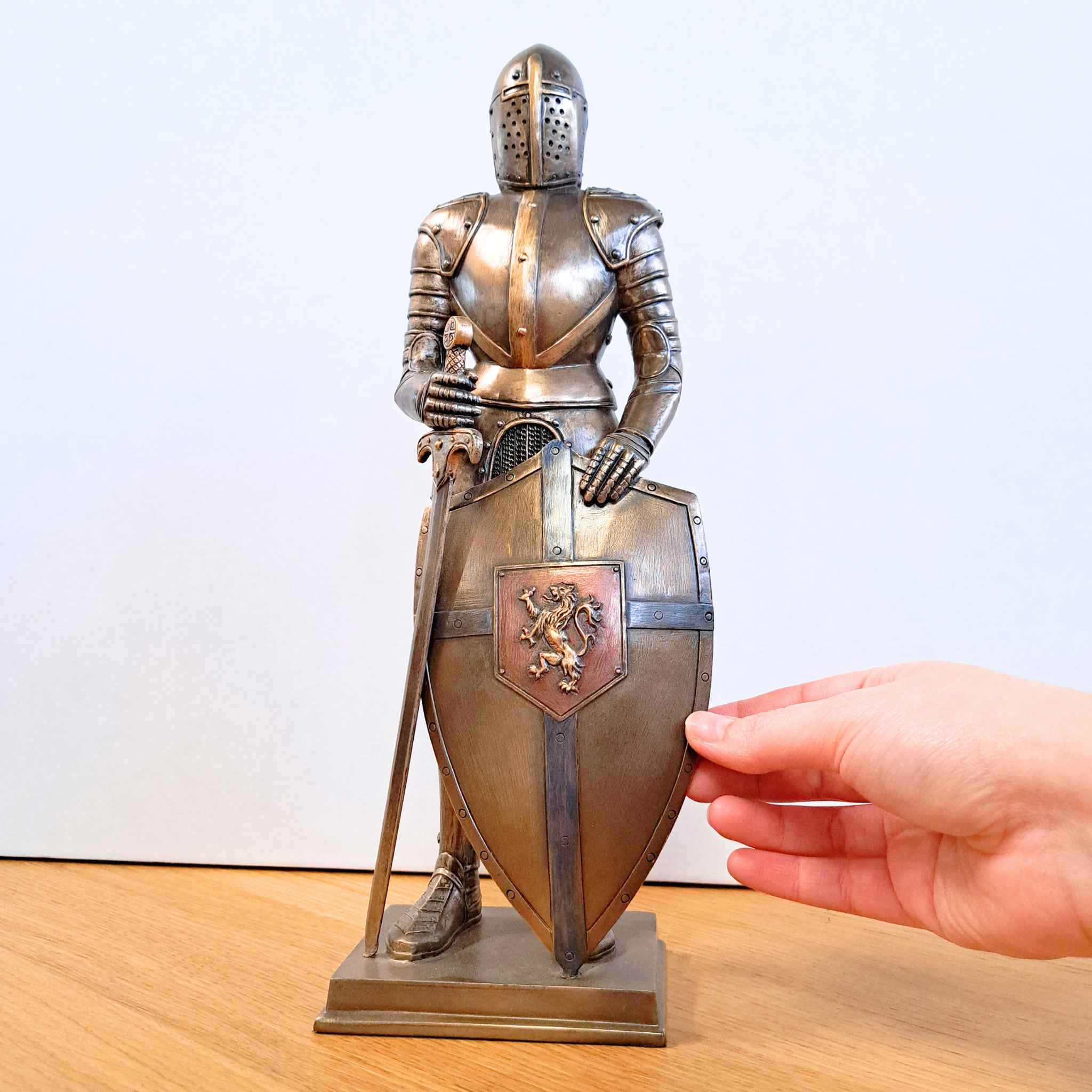 Medieval Knight with Lion rampant Shield pictures with hand for scale