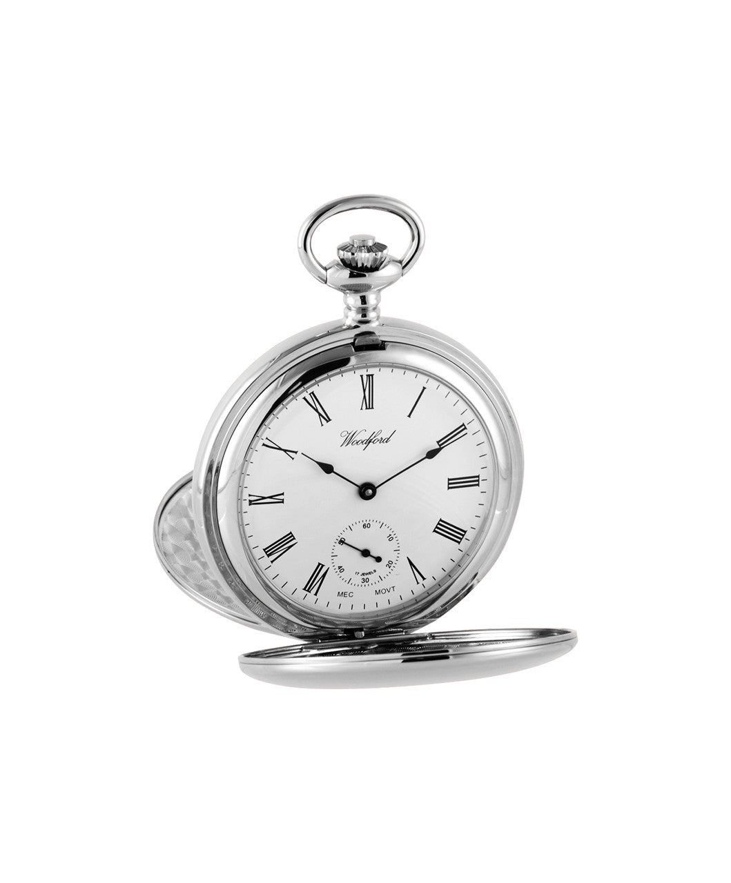 Woodford Chrome Plated Mechanical Pocket Watch with Twin Lid and Skeleton Back