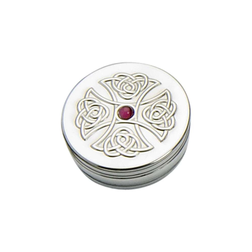 Celtic Treasures Trinket Box - Crafted in Pewter with Embossed Celtic Cross and Amethyst Accent