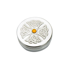 Celtic Treasures Trinket Box - Crafted in Pewter with Embossed Celtic Cross and Topaz Accent