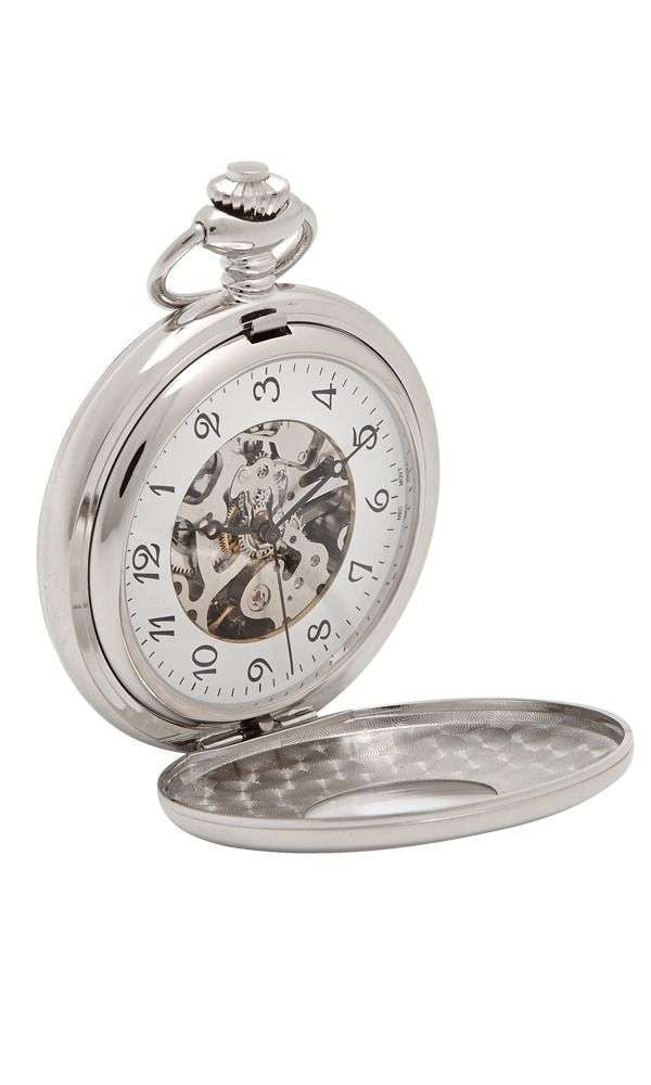 A silver-colored mechanical pocket watch with a half hunter design, featuring a classic opening mechanism.